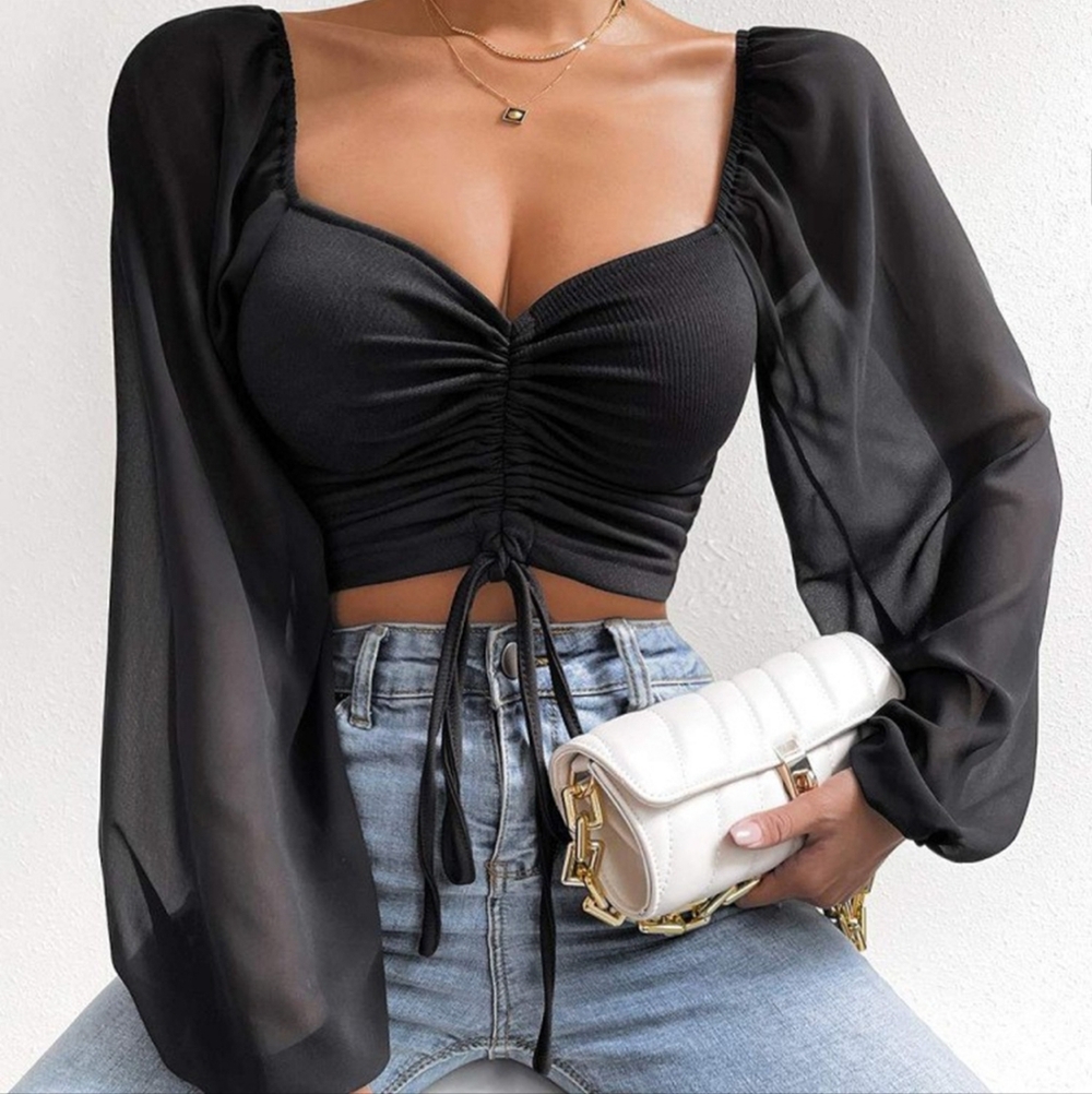 Sweet Talk Drawstring Crop Top - Black